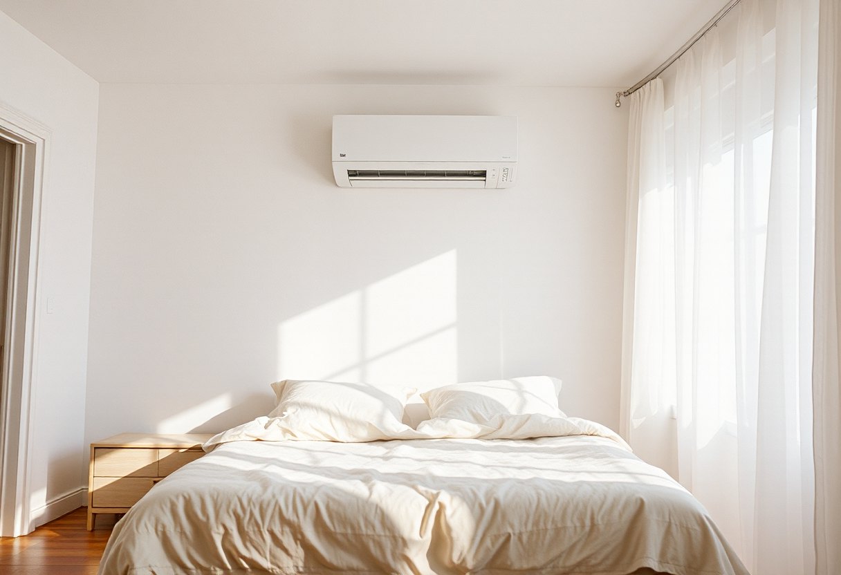 Mini split cooling a bright bedroom in summer