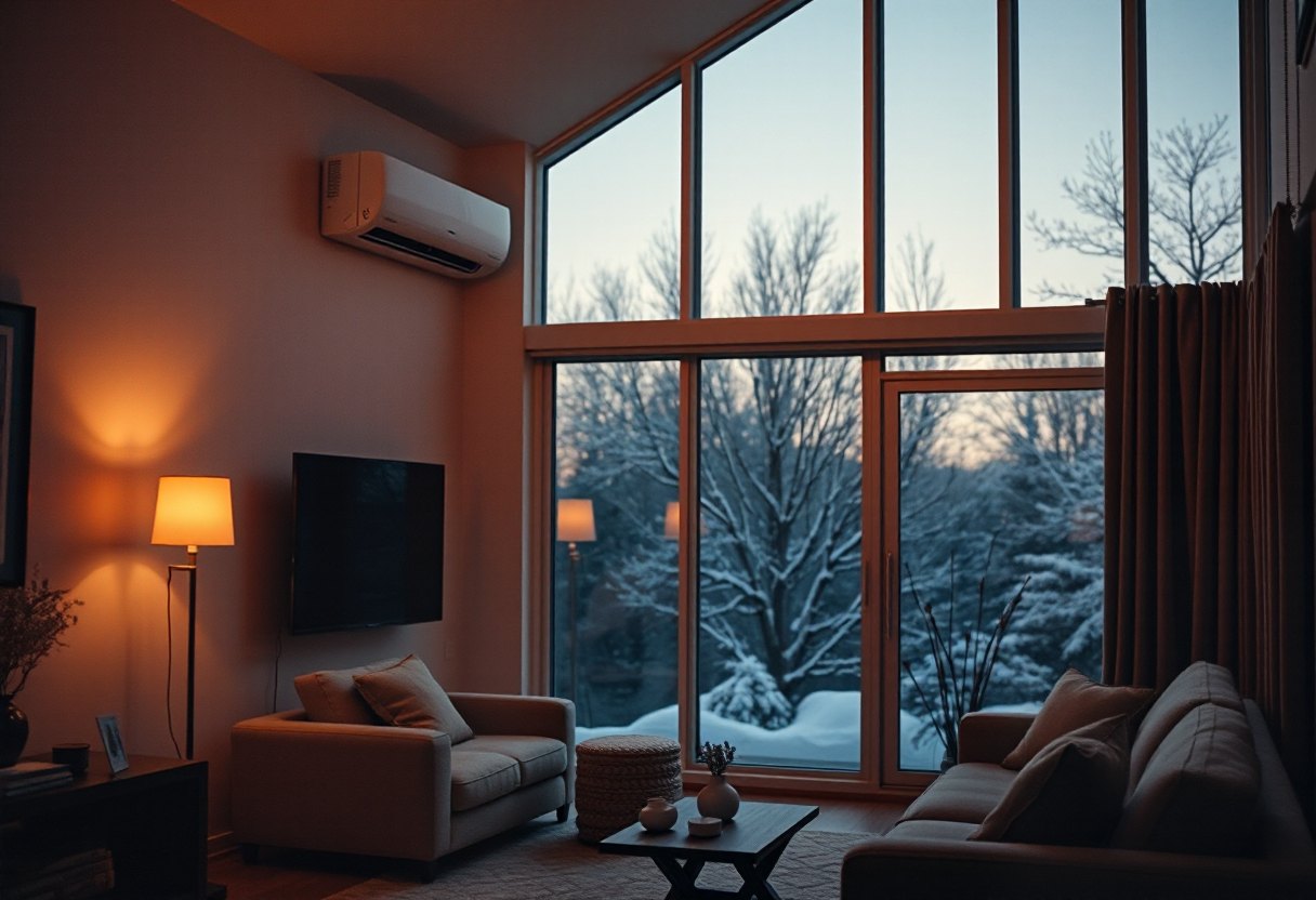 Warm living room in winter with a wall-mounted mini split