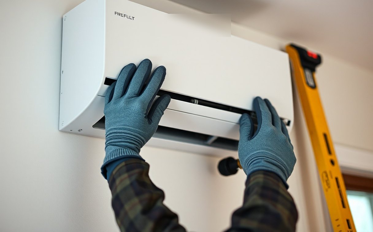 Technician mounting a ductless mini split head unit on an interior wall