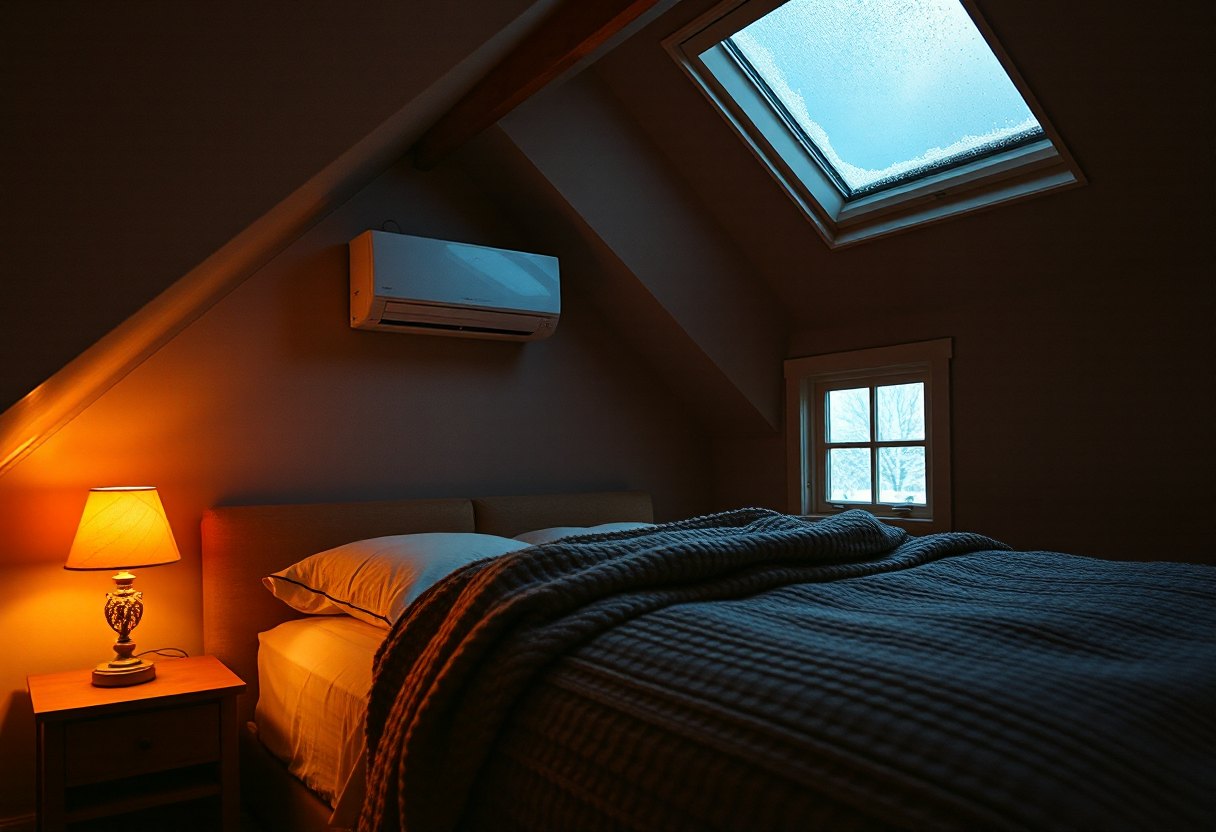 Mini split heating a snug attic bedroom in winter